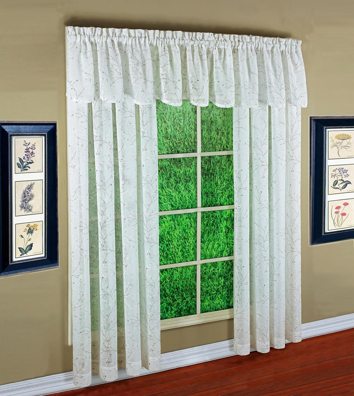 Today's Curtain, Willow Faux Linen Print Scallop Valance 18", Ecru, 54" W x 18" L