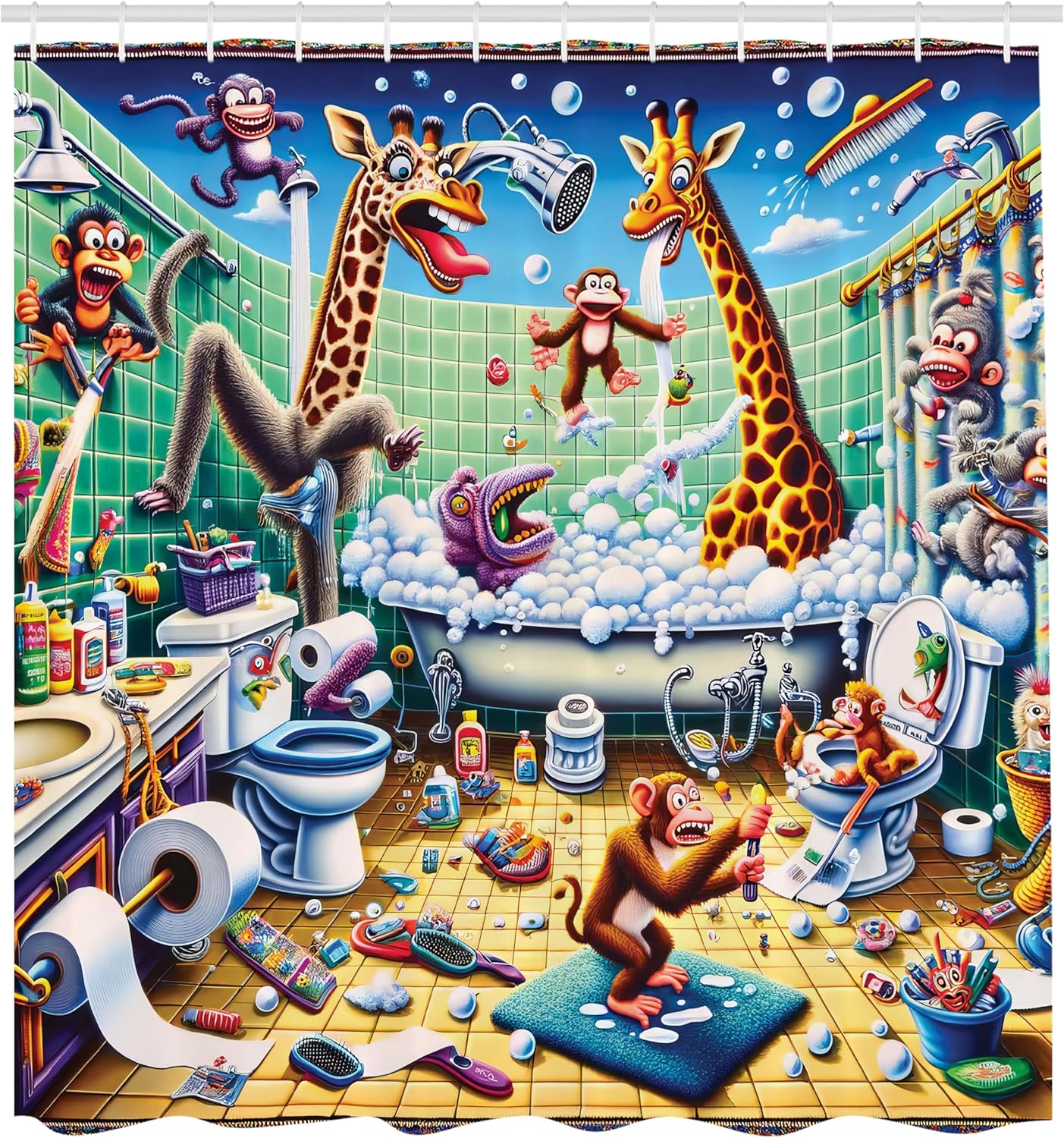 Ambesonne Humorous Shower Curtain, Hilarious Absurd Scene of Crazy Animals in Bathroom Funny Chaos, Cloth Fabric Bathroom Decor Set with Hooks, 69" W x 84" L, Sea Green Blue and Mustard