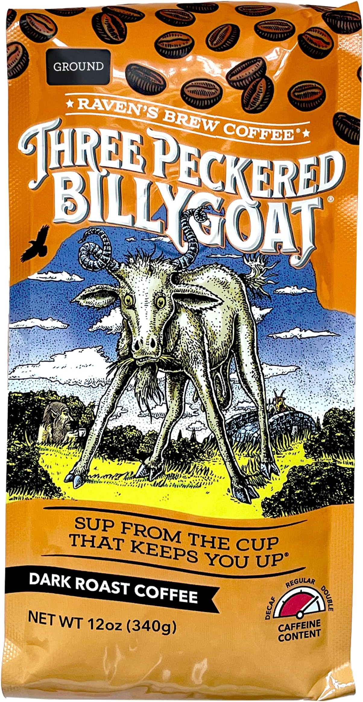 Raven's Brew Coffee High Caffeine Coffee Dark Roast Ground - Three Peckered Billy Goat 12oz