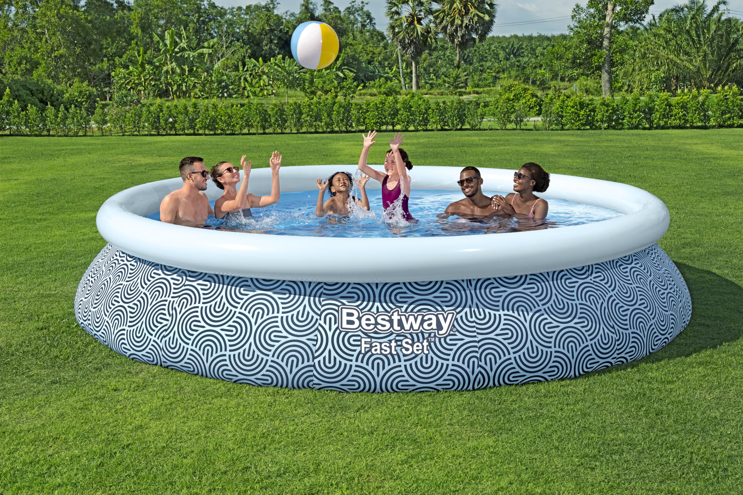 Bestway Fast Set zestaw basenów rozkładanych z pompą filtrującą, Ø 457 x 84 cm, 9,677 l, materiał TriTech, graficzny wzór linii, do samodzielnego montażu, zawór spustowy, pompa filtrująca, wkład