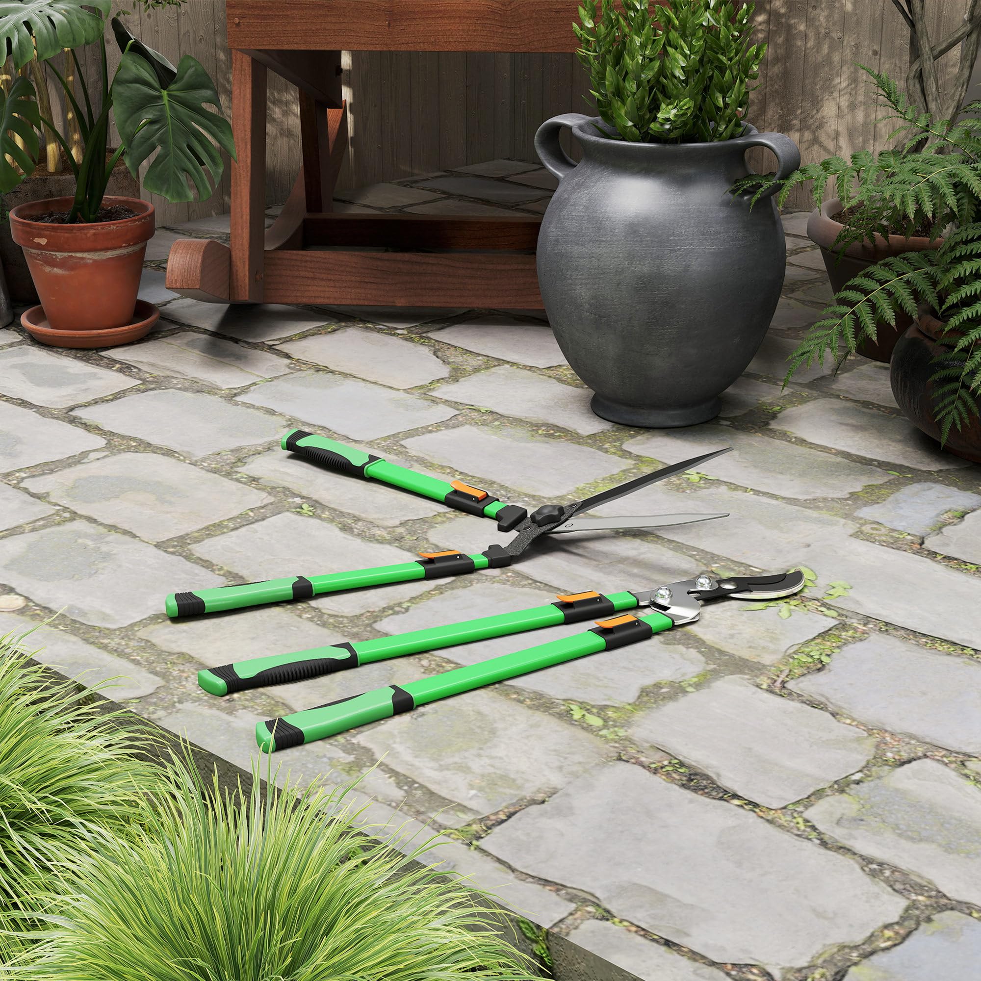 Outsunny Lot de 2 cisailles de jardin, cisaille à haies longueur 63,5-78,5 cm, sécateur à enclume longueur 64,5-90 cm, poignées télescopiques extensibles antidérapant lames polies, vert et noir
