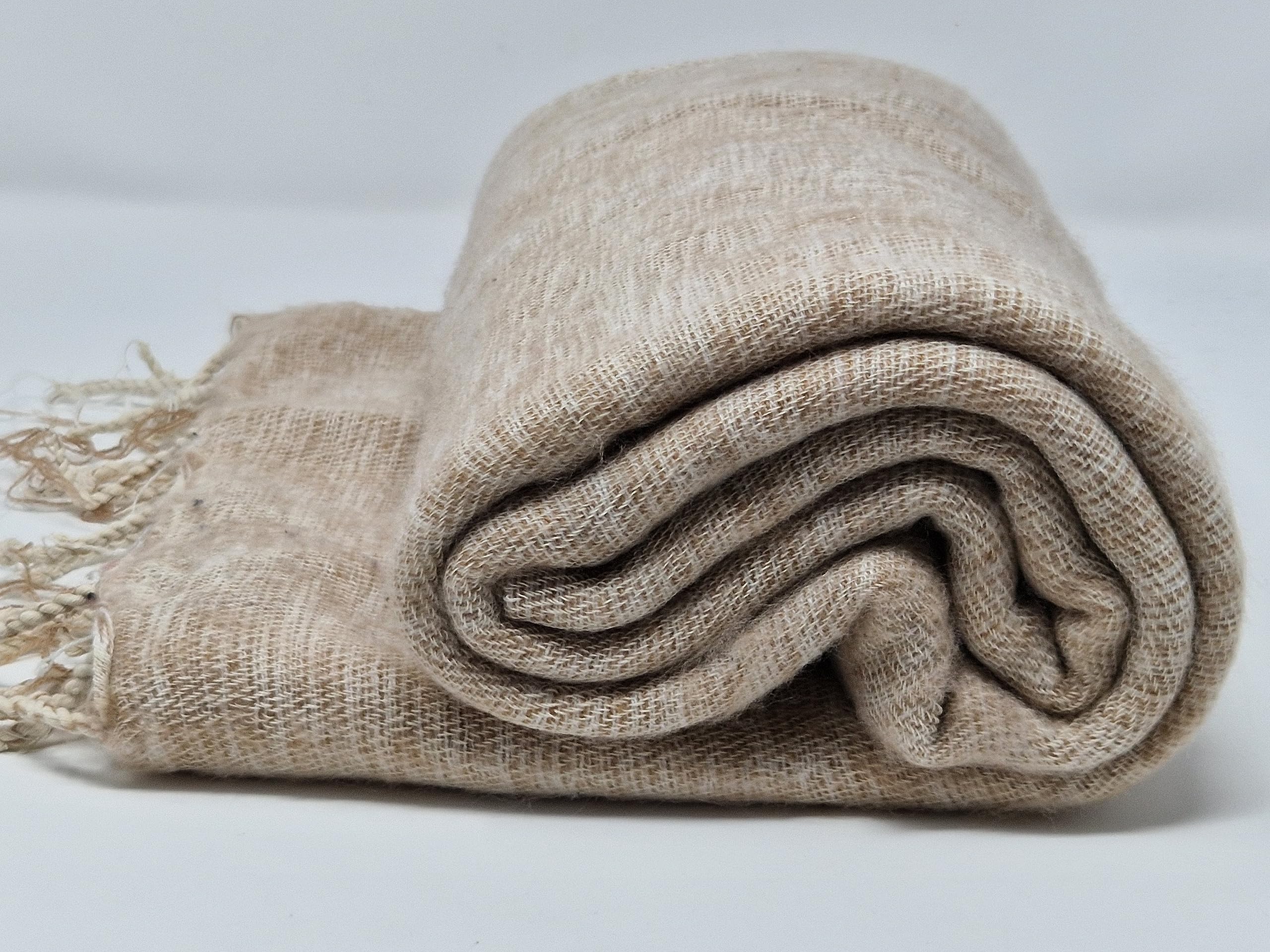 Nepalesische handgefertigte Yak-Wolldecke, weiche übergroße Schals, Überwürfe, Meditations-Wickeldecke, Yak-Wolle, Yak-Wollschals, Beige, beige, 90 inch x 47 Inch