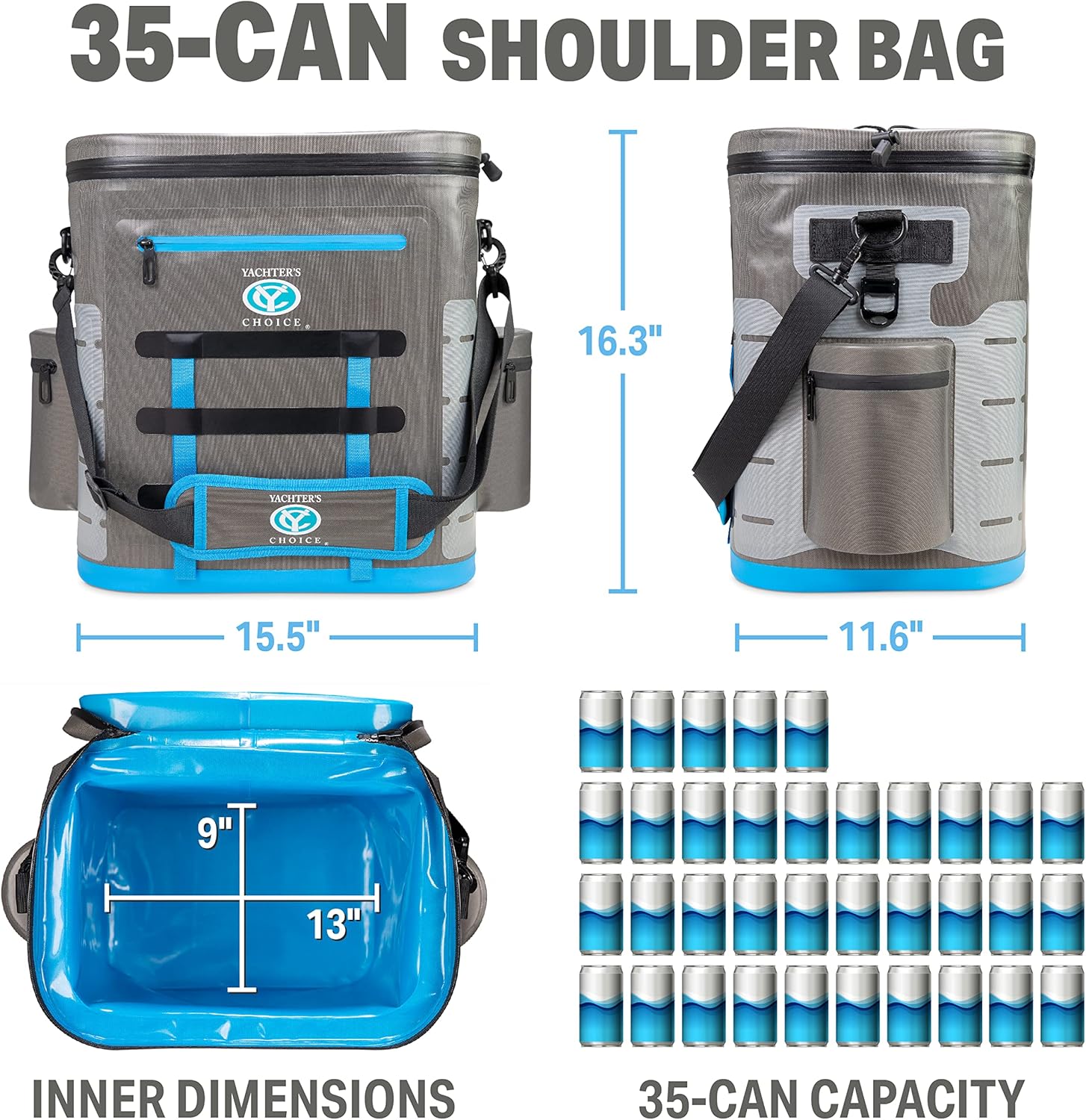 Yachter's Choice Soft Cooler w/ Adjustable Padded Shoulder Strap, Holds 35 Cans, Waterproof, Grey Blue