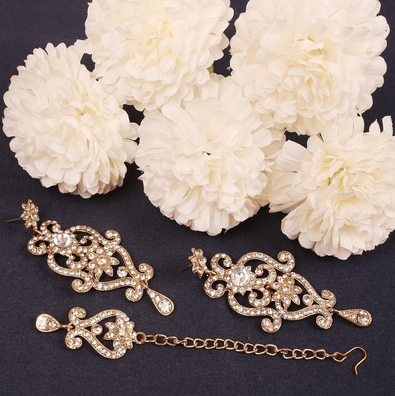 Touchstone Indian Jewelry Earrings maang Tikka Set for Women Head tika Forehead Hair Piece Combo Wedding Guest Gold Silver Chandelier Bollywood Style Bridal White Stone Simple Headpiece Accessories
