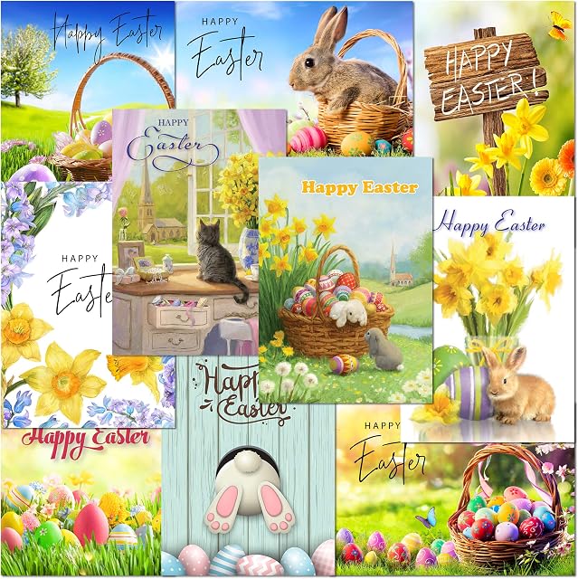 Pack of 10 Premium Easter Greeting Cards from Olivia. A5 Standard Size Multipack Assortment with Peel and Seal Envelopes