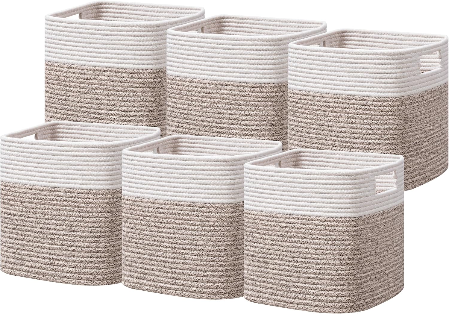 UBBCARE Set of 6 Storage Basket-11 X 10.5 X 10.5 in, Cotton Rope Basket for Shelves, Toys, Book, Cube Storage Bins with Handles, Woven Storage Basket for Organizing, White & Brown