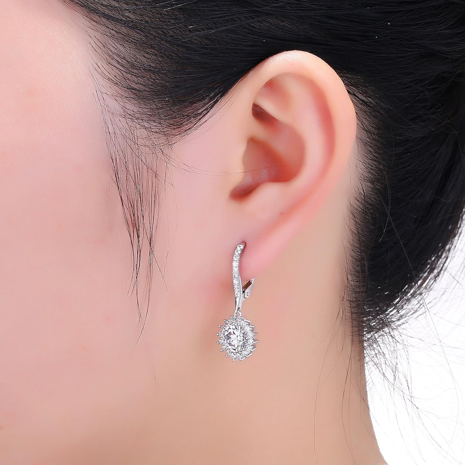 Gold-Plated CZ Halo Drop Earrings – Bridal Simulated Diamond Dangle Earrings for Women – Hypoallergenic Leverback Style – Heart, Round, Square, Triangle Shapes - Image 2