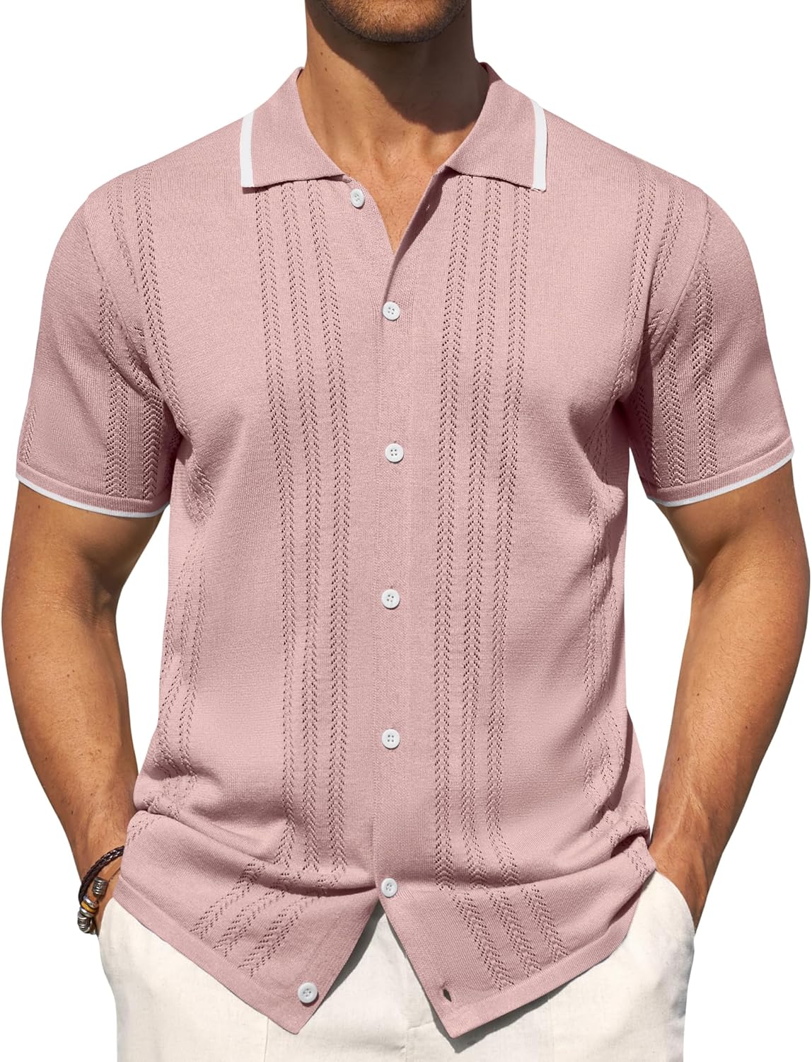 Alimens & Gentle Mens Knit Shirt Short Sleeve Button Down Shirt Textured Casual Summer Beach Polo Shirts