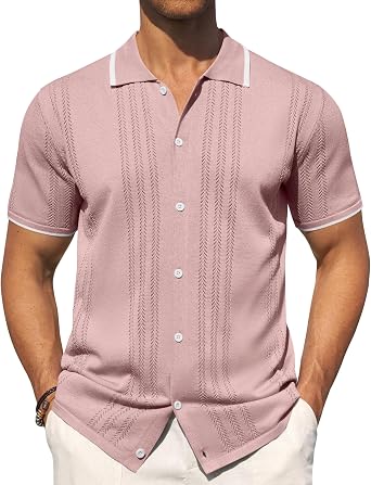 30% off: Mens Knit Shirt Short Sleeve Button Down Shirt Textured Casual Summer Tops