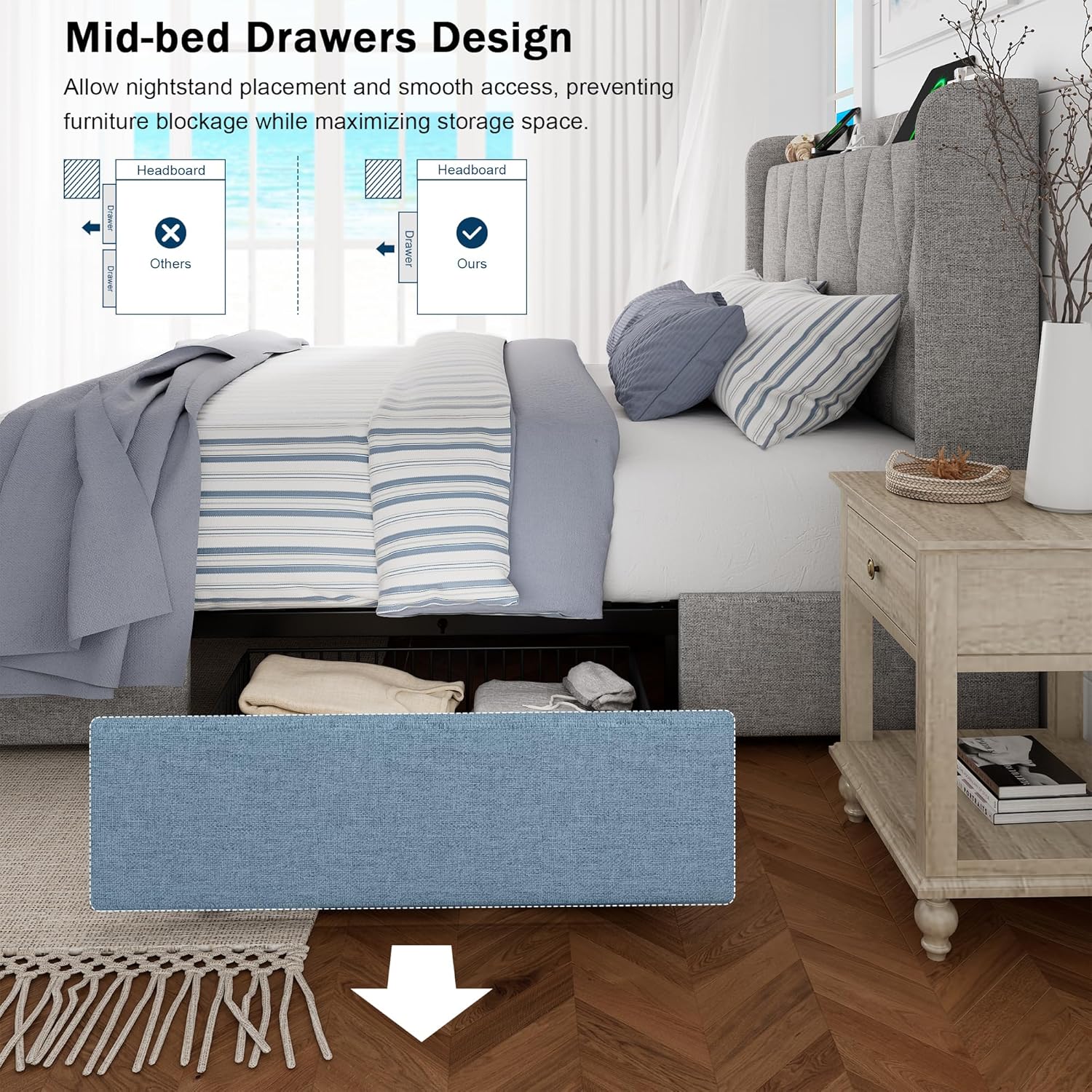 GalnFu Queen Bed Frame with 4 Storage Drawers, Upholstered Platform Bed with Charging Station, Modern Wingback Storage Headboard, Easy Assembly,Noise-Free, Light Gray