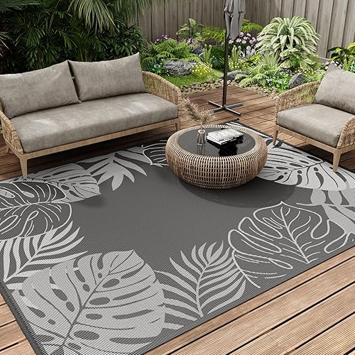 SIXHOME Tappeto da Esterno Impermeabile 120 * 180cm, Tappeto da Giardino PVC Reversibile per Balcone, Campeggio, Picnic, Cortile, Lavabile Resistente ai Raggi UV, Grigio