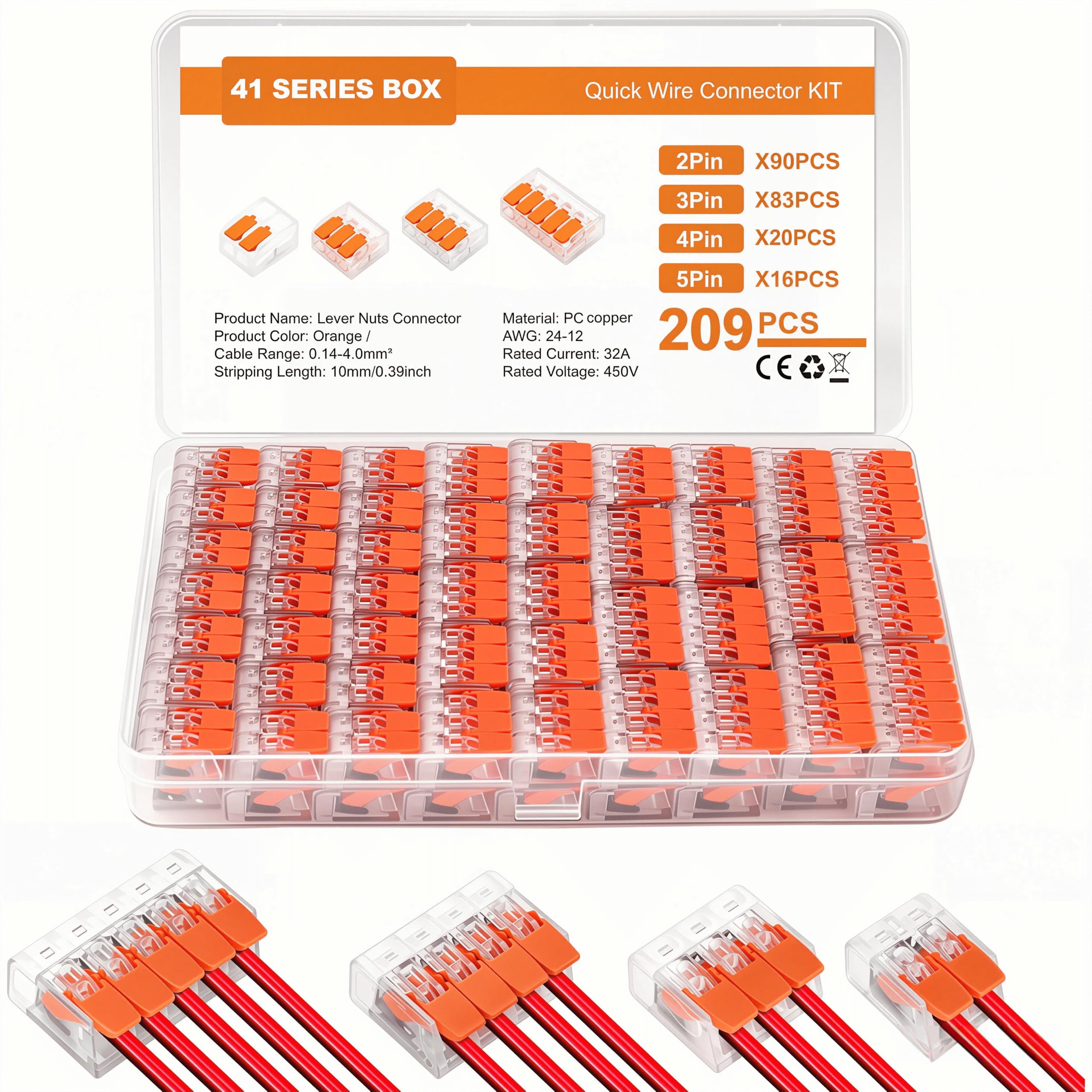 209 Stück Kabelklemmen Elektro, Kabelverbinder 2 Polig, 3 Polig, 4 Polig, 5 Polig, Klemmen Elektro mit Betätigungshebel, Kabel Verbindungsklemme 0.14-4mm² Leiter Klemme für Feste Kabe 2-5 Leiter