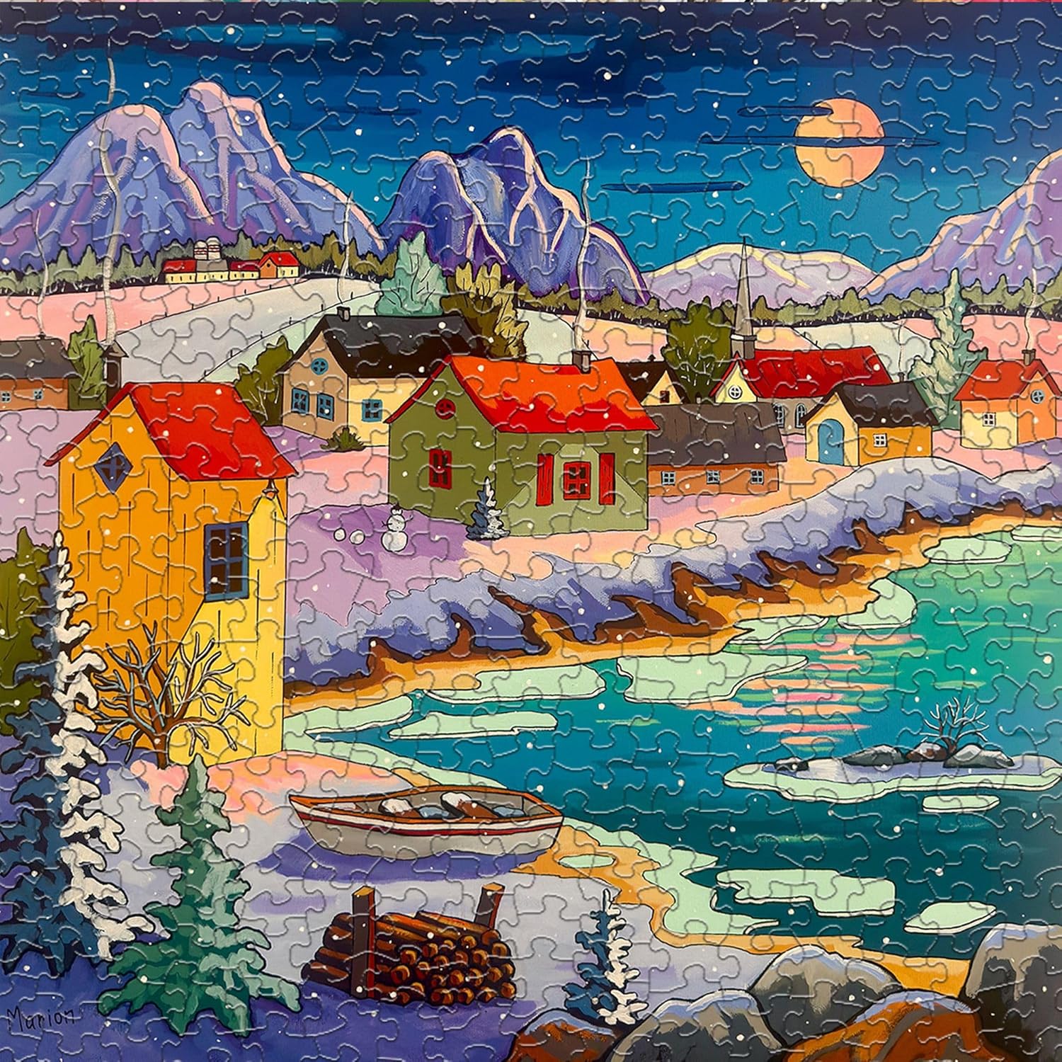 Springbok Moonlit Winter Village 500 Piece Puzzle for Adults - Peaceful Winter Puzzle Featuring a Cozy Snowy Village by a Moonlit Lake