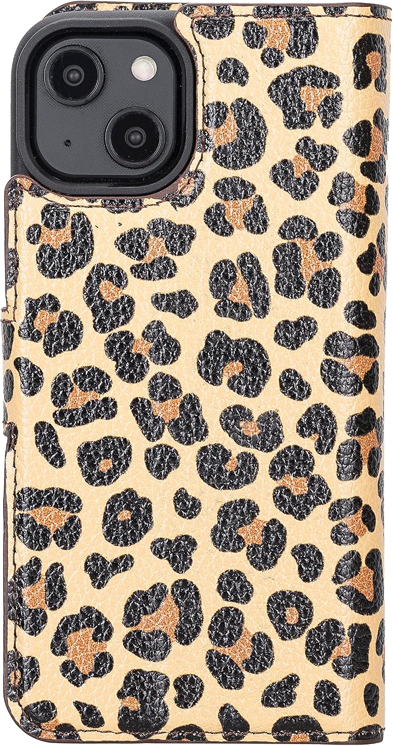 Leather Detachable Wallet Case Compatible with iPhone 14 (6.1") MagSafe,RFID Protection Magnetic Detachable Cover Case with Card & Cash Slot with Kickstand for Men and Women (Leopard)