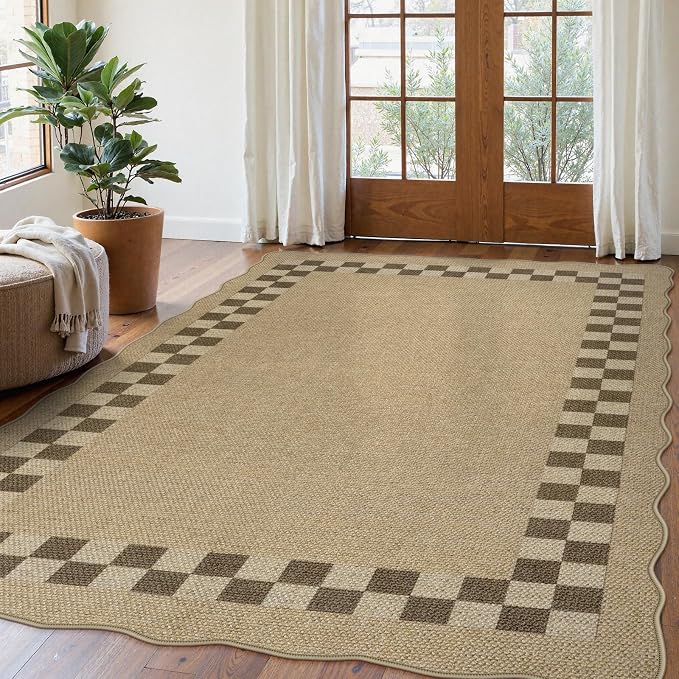 LIVEBOX Scalloped Easy Jute Checkered 8x10 Outdoor Rug, Washable Farmhouse Tan Rugs for Living Room Bedroom, Geometric Indoor Outdoor Non Slip Rug Dining Room Mat Carpet for Patio Backyard Home Decor