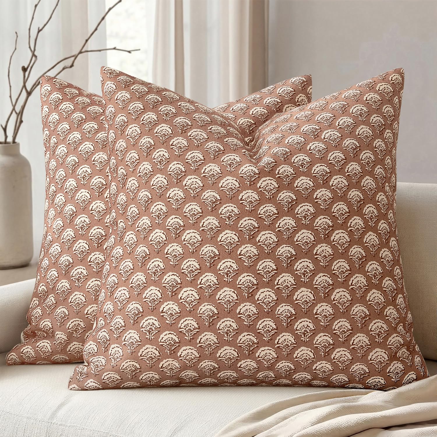 MIULEE Set of 2 Decorative Floral Pillow Covers Neutral Vintage Throw Pillows Block Print Boho Farmhouse Cushion Covers for Modern Spring Home Decor Couch Sofa Bed Living Room, 18x18 Inch, Light Taupe — view 9