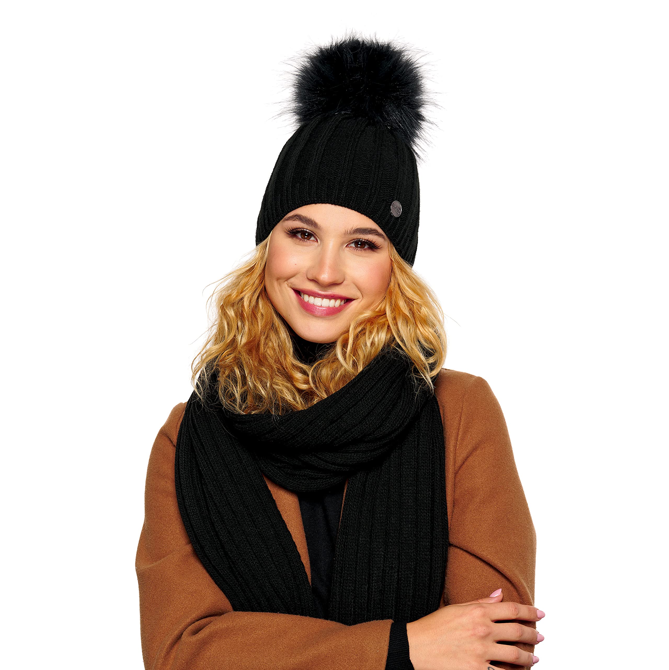 ELIMELI® Gorro de cachemira para mujer, gorro de punto, gorro de invierno de lana con cachemira y pompón de piel sintética. Fabricado en la UE, Negro - Set con bufanda, Talla única