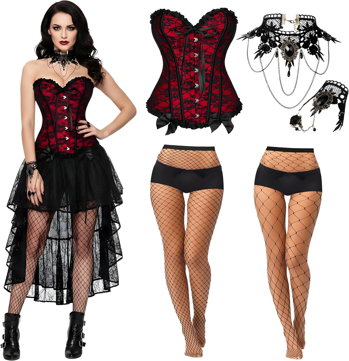 Vicenpal 5 Pcs Halloween Vampire Costume Women Girl Fishnet Stockings Lace Corset Choker Black Lace Necklace Bracelet