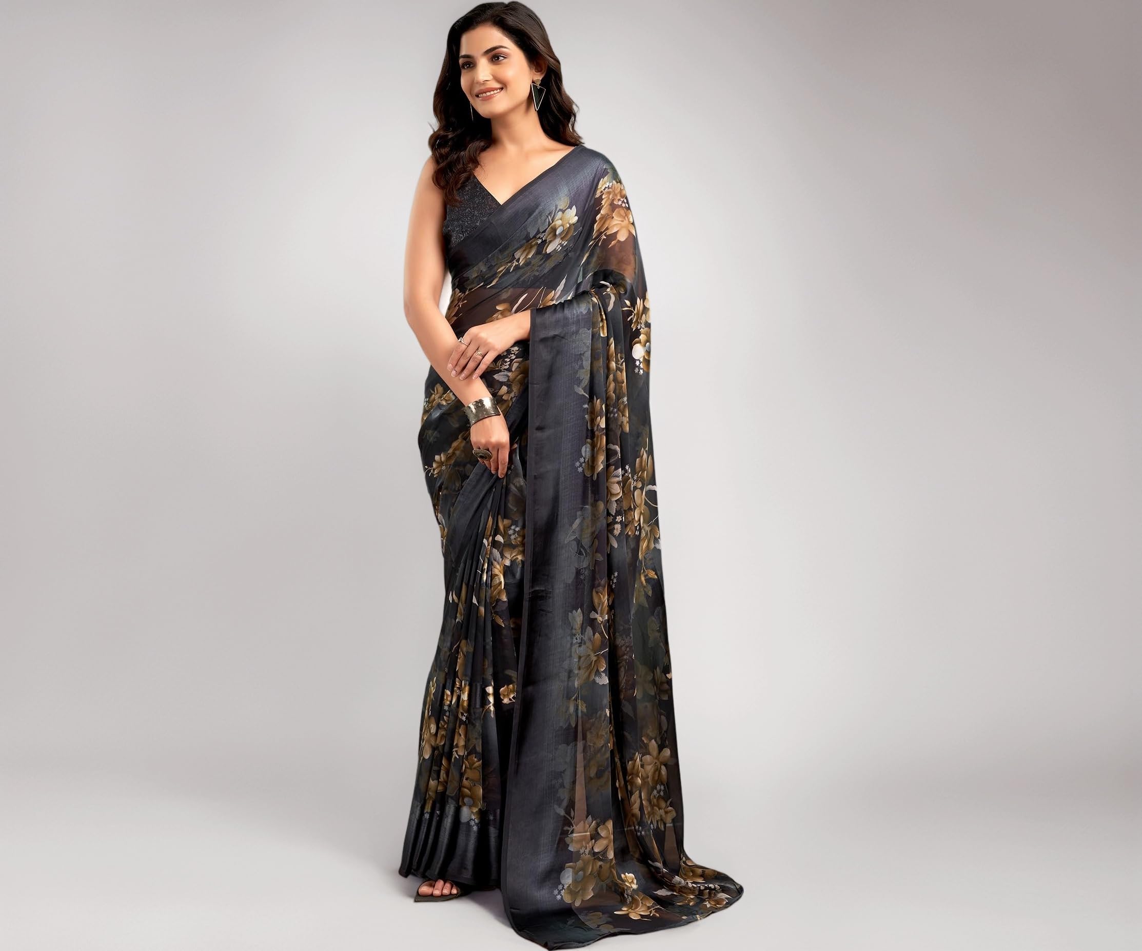 SIRIL Women's Georgette Floral Printed Saree With Unstitched Blouse Piece