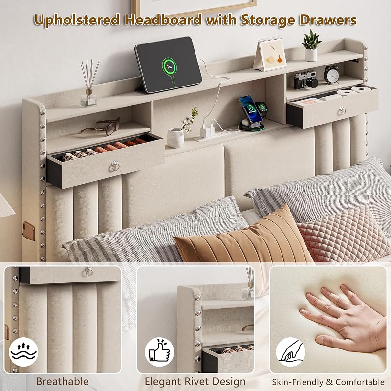 Furnulem Queen Bed Frame with Upholstered Headboard, 4 Storage Drawers image 4