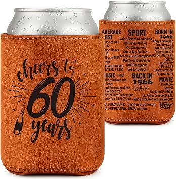LEJIAJINW 60th Birthday Gift 60 Year Old Birthday Gifts for Men Women, Cheers to 60 Years Vintage 1966 Leather Can Sleeve, Funny 60th Birth Party Decoration Gift for Dad, Mom, Husband, Wife, Grandpa