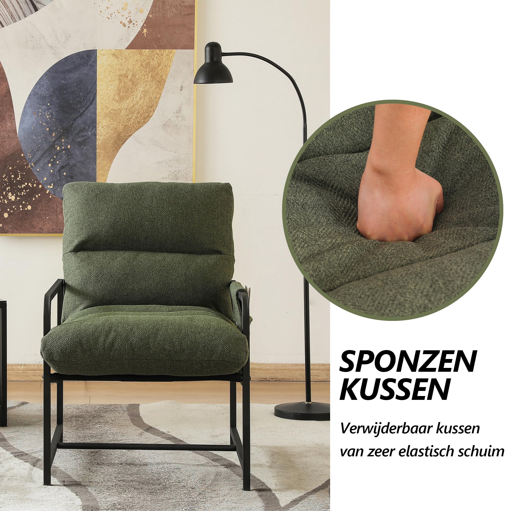 Mingone Sessel Loungesessel Stuhl mit Armlehnen Polstersessel mit Metallrahmen Moderner Loungesessel für Schlafzimmer, 136 kg belastbar. (Grün)