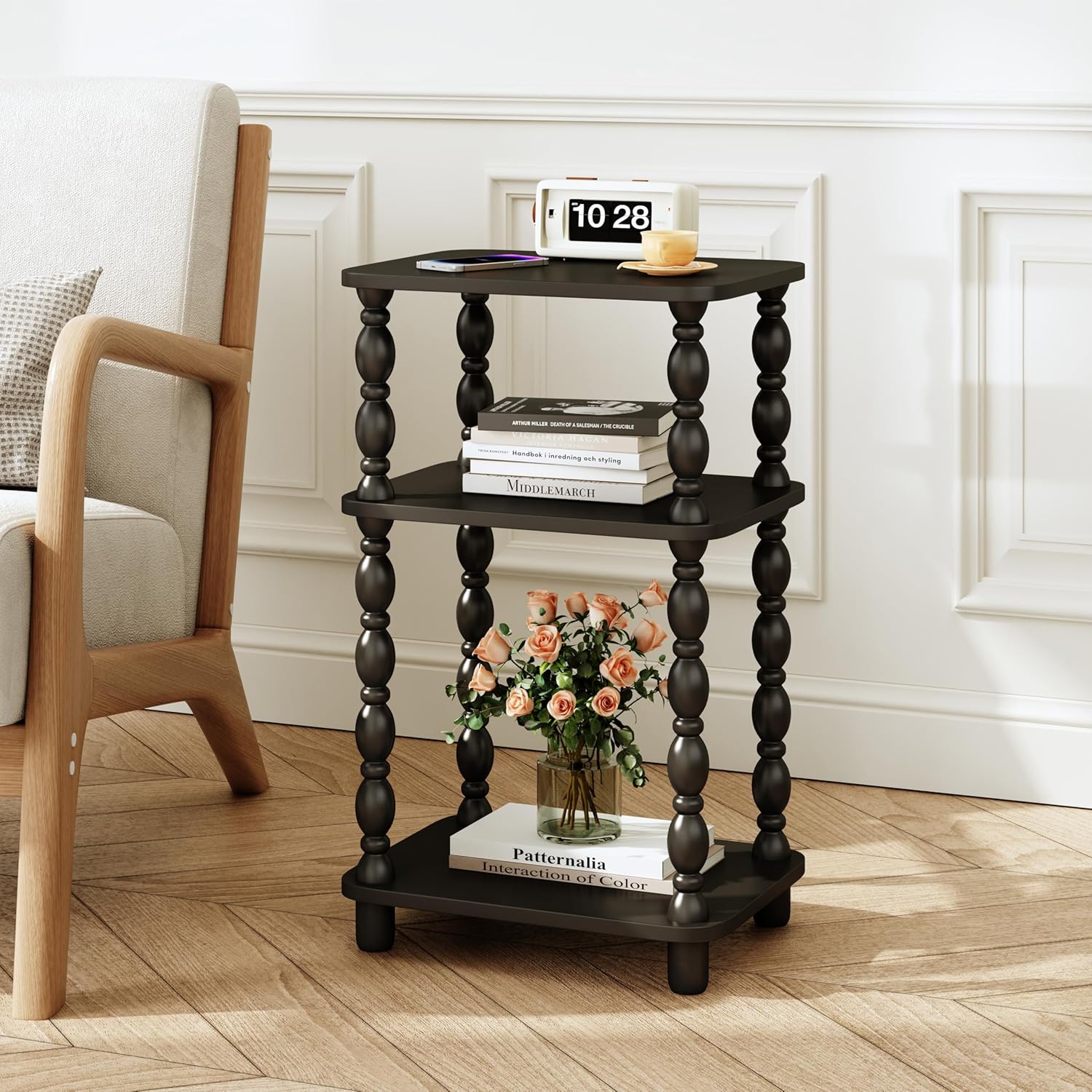 Side Table, Retro End Table with 3 Tier Shelf, Small Couch Side Table for Living Room, Vintage Farmhouse End Table, Bedroom Skinny Bedside Table Nightstand(Black)