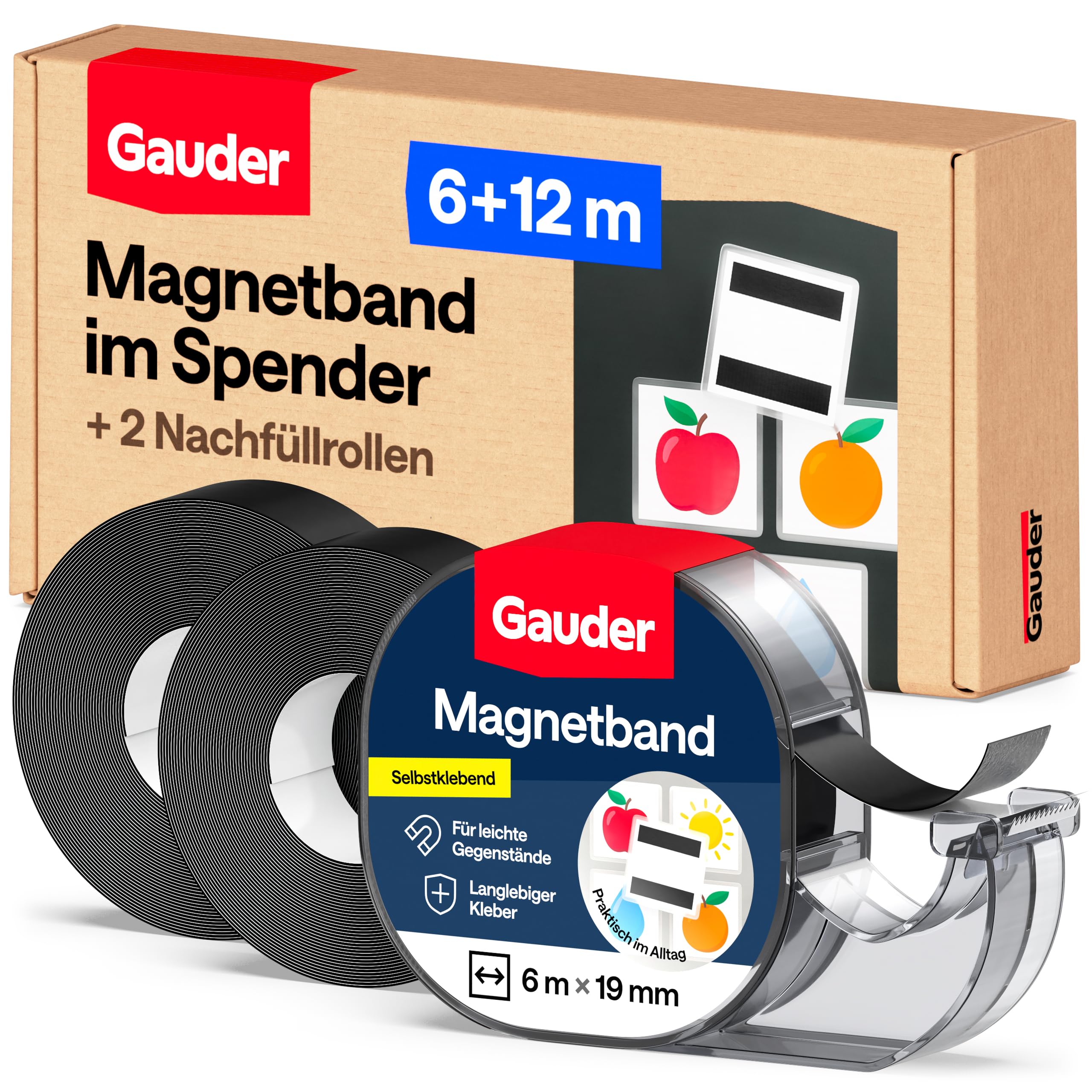 GAUDER Magnetband im Spender - Selbstklebender Magnetstreifen - Zuschneidbare Magnetbandrolle zum Befestigen von leichten Gegenständen auf Metallflächen (6 m x 19 mm + 2 Nachfüllrollen)