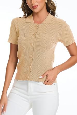 Womens Button Down Short Sleeve Polo T Shirts Ribbed Knit Slim Fitted Basic Summer Top
