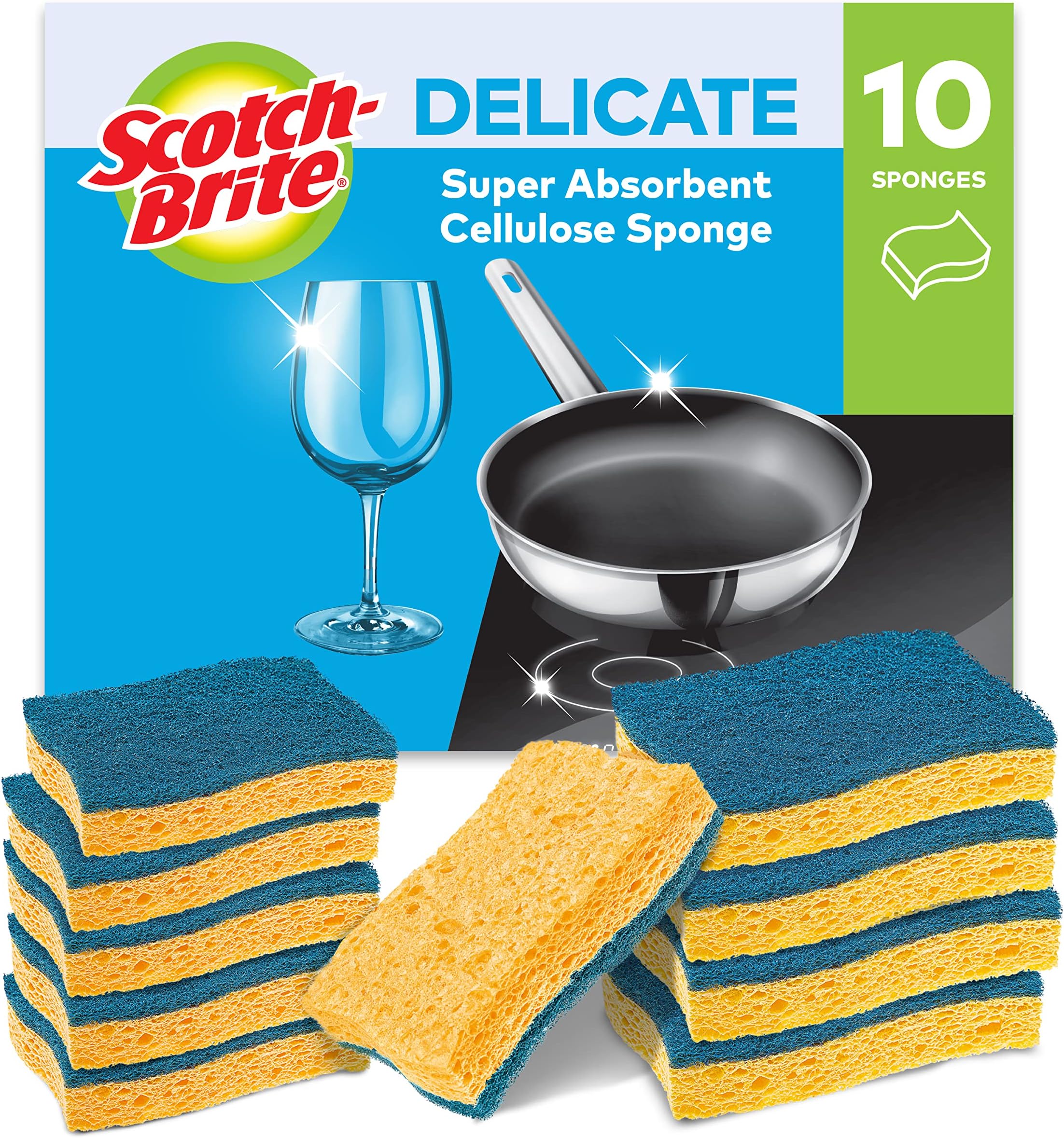Delicate Non-Sctratch Cellulose Scrub Sponge, 10 pieces - highly absorbent scourer ideal for everyday cleaning tasks