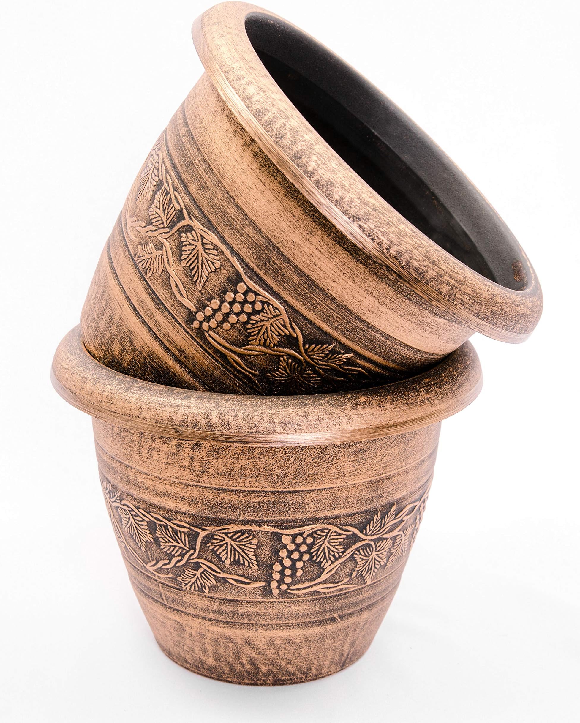 Vine Pattern Greek Style Rustic Plastic Planter 10X8" 2 pack Flowerpot for Indoor, Outdoor, Garden, Patio, Office Ornaments, Home Decor, Long Lasting Reusable, Light Weight, Water Resistant (Gold)
