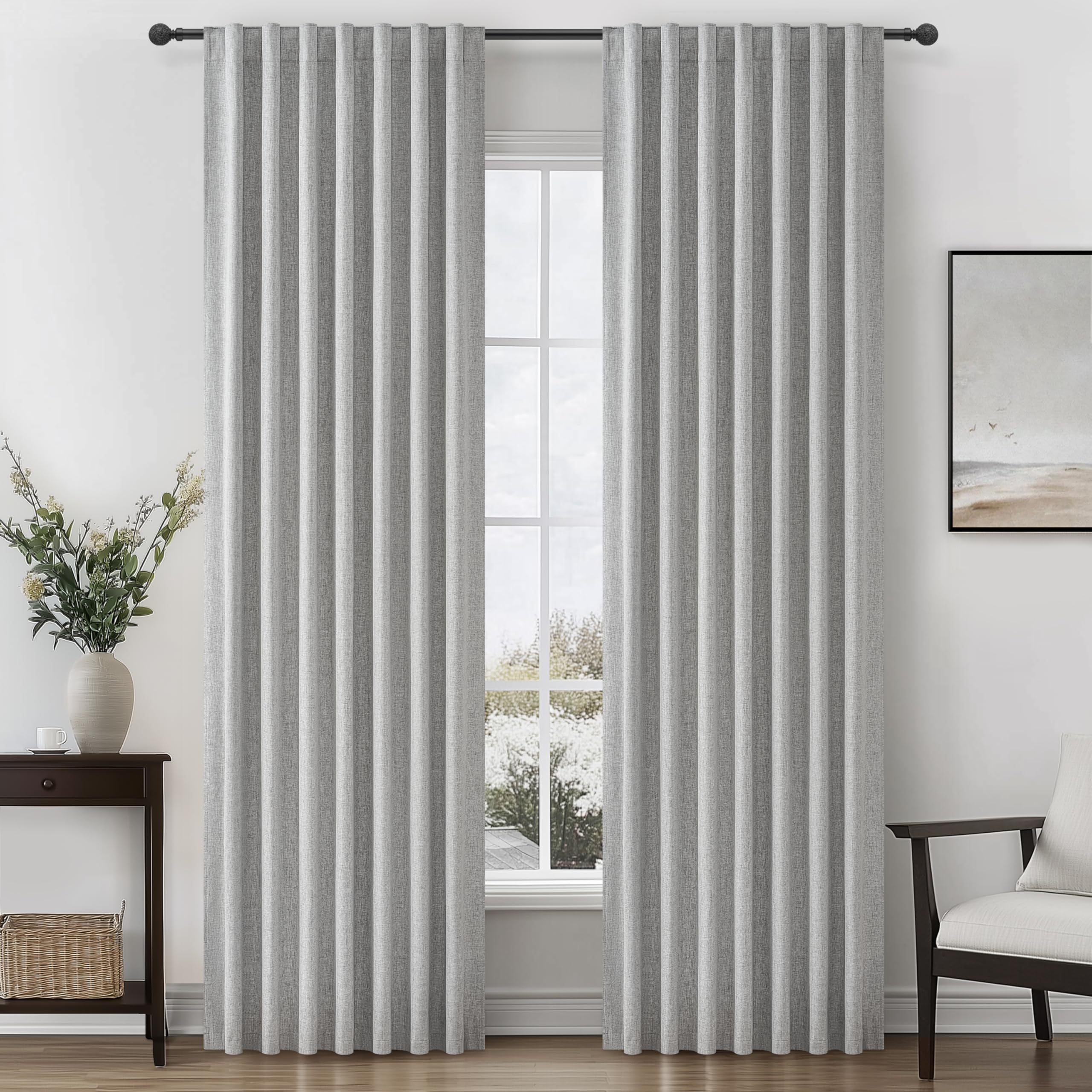Gray 105 Inch Extra Long Blackout Curtains for Bedroom 2 Panels Set, Boho Room Darkening Pleated Flax Linen Blend Window Curtain 105 Inches Long with Hooks for Patio Sliding Door Burg(50"Wx105"L) — image 1