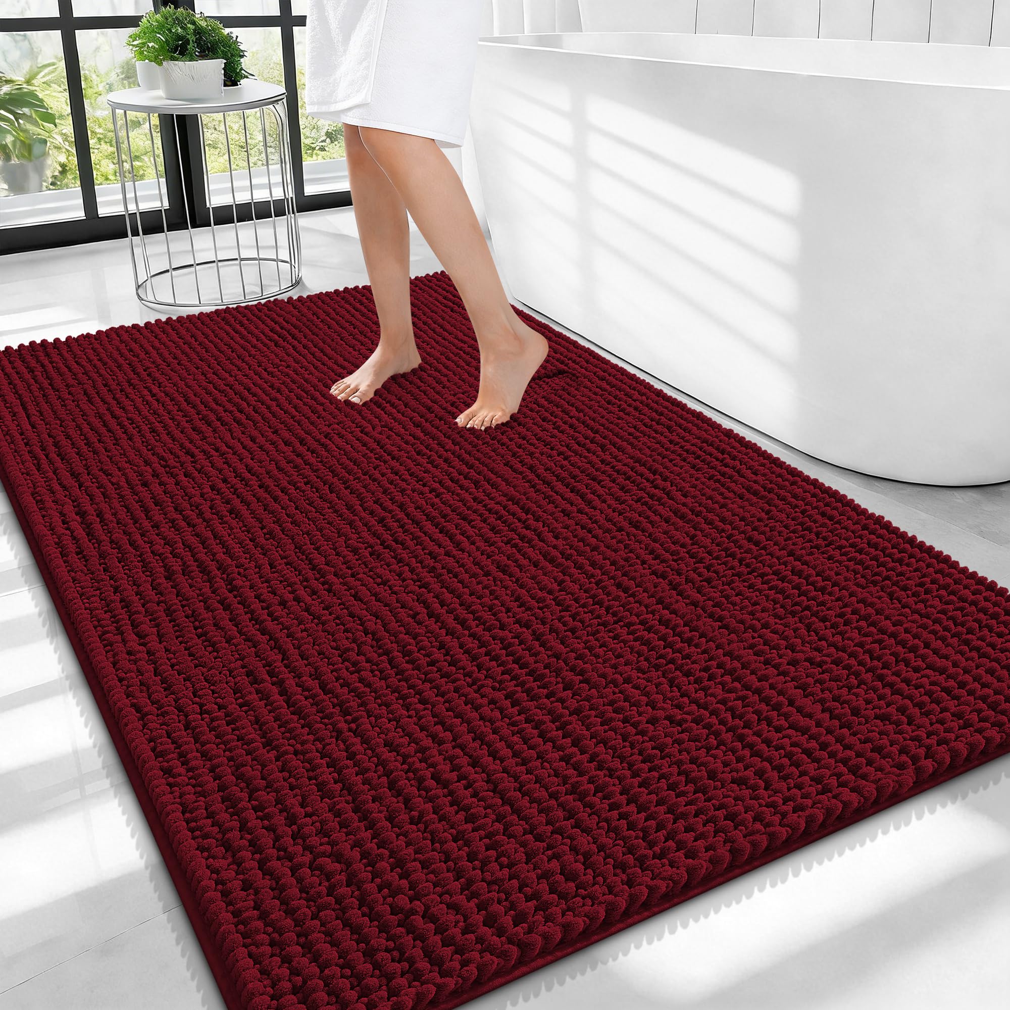OLANLY Thick Chenille Large Bathroom Rugs Mats 40x32, Burgundy
