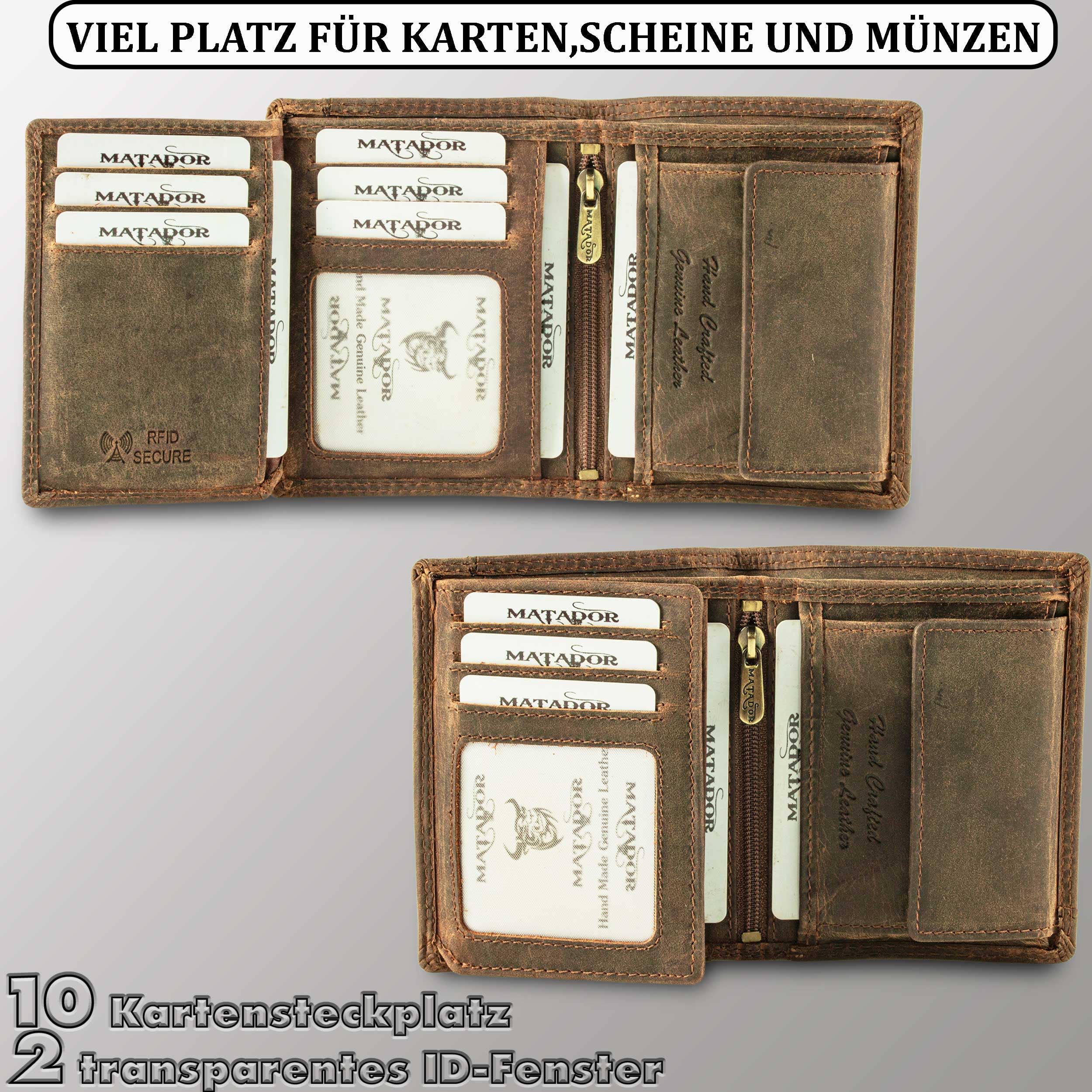 MATADOR Herren Geldbörse Leder mit Geheimfach #LUGO inkl. edler Geschenk Box, Elegante Geldbörse Herren RFID Schutz, Luxus Geldbeutel Viele Kartenfächer in Braun Hunter
