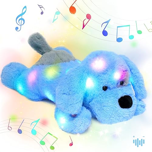 Hopearl Cachorro de peluche con luces LED musicales que cantan, canción de cuna con volumen ajustable, animado, calma, festival de cumpleaños para