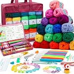 Crochet Yarn Kit for Beginners Adults and Kids, Includes 1650 Yards 30 Colors Acrylic Skeins, User Manual, Hooks, Pink Bag etc, Make Amigurumi & Crocheting Projects, Starter Set for Professionals