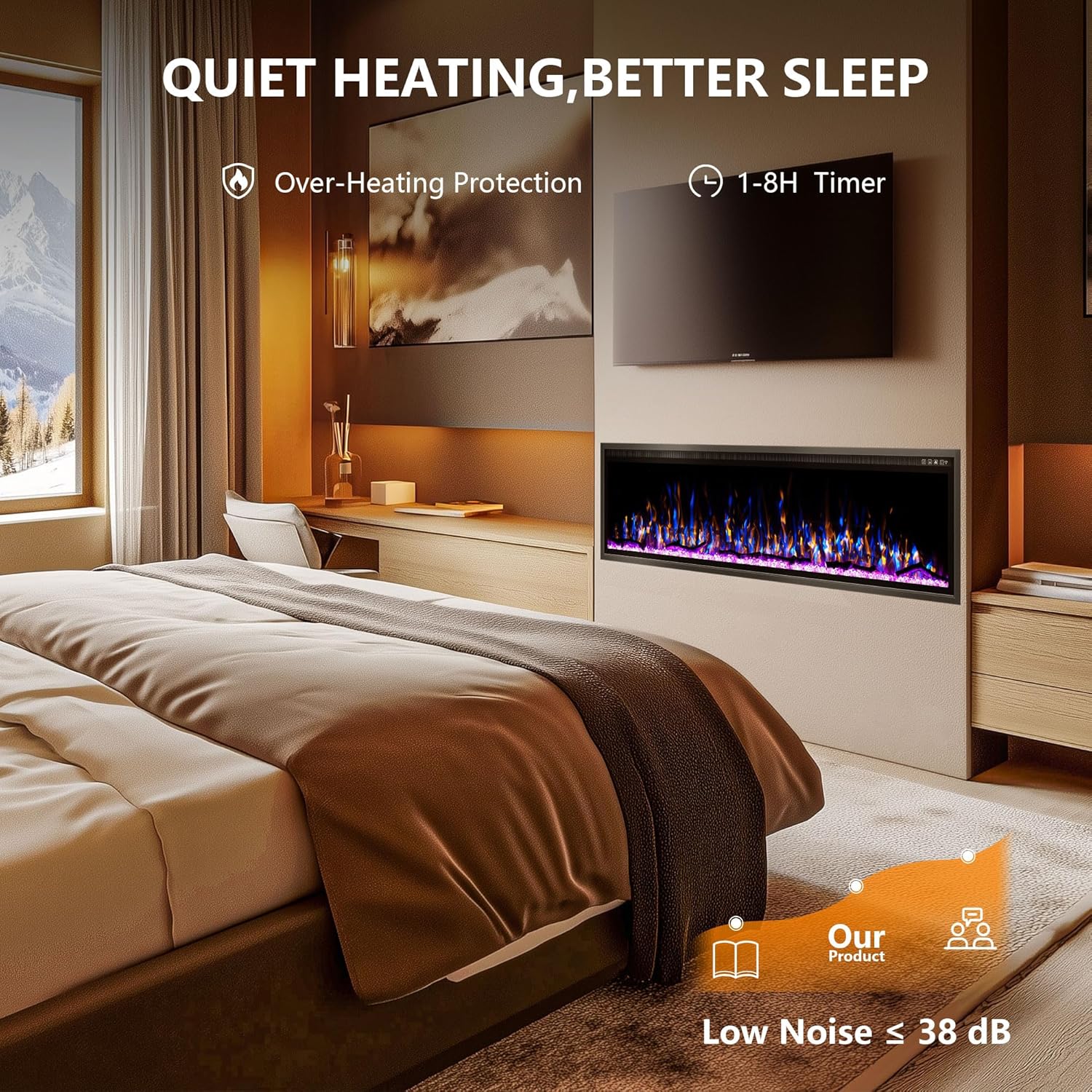 60" Electric Fireplace in Wall Recessed & Wall Mounted Linear Fireplace with Temperature Control, Log & Crystal Option, Remote Control 750/1500W for Indoor Used Heater