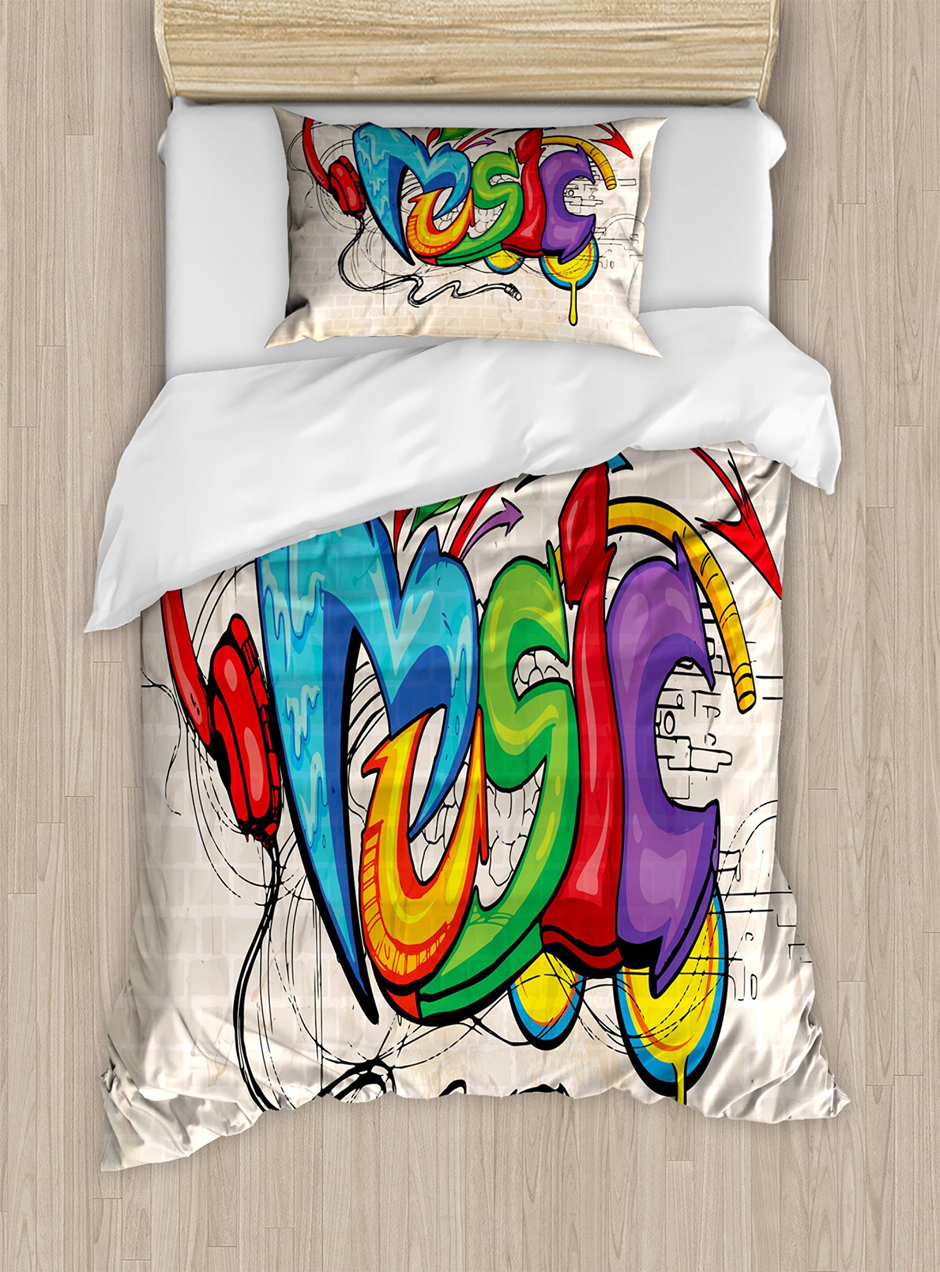 Ambesonne Music Duvet Cover Set, Illustration of Graffiti Style Lettering Headphones Hip Hop Theme o