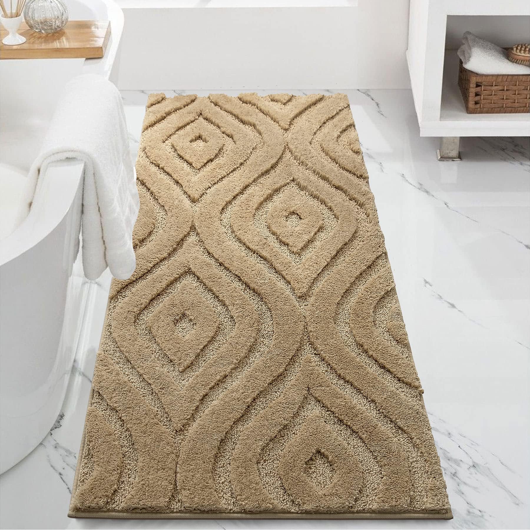 DEXDE Bathroom Rugs Runner 24x60 Long Bathroom Rug Non Slip Soft Washable Large Bath Mats for Bathroom Bedroom Hallway Kitchen Floor Carpet Modern Boho Decor, Beige