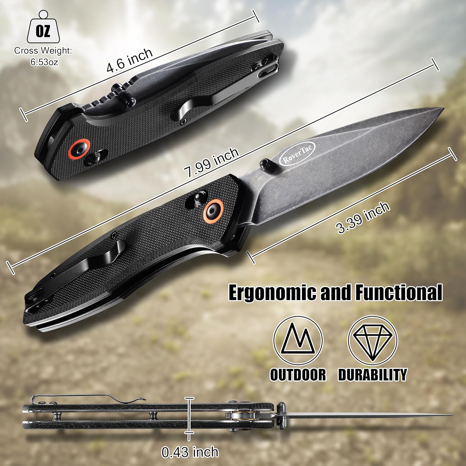 RoverTac Pocket Tactical Knife 440C Stainless Steel G10 Handle with Axis Lock Pocket Clip Perfect for Camping Hiking Fishing