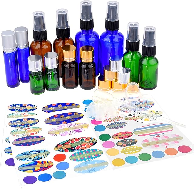 Multi-Size Essential Oil Bottle Kit: 12x Essential Oil Bottles (6 Different Models), 6x Fine Mist Sprayer, 10x Orifice Reducer Cap, 2x Rolling Cap, 1x Bottle Tool, 78x Label, 2x Mini Dropper + Funnel