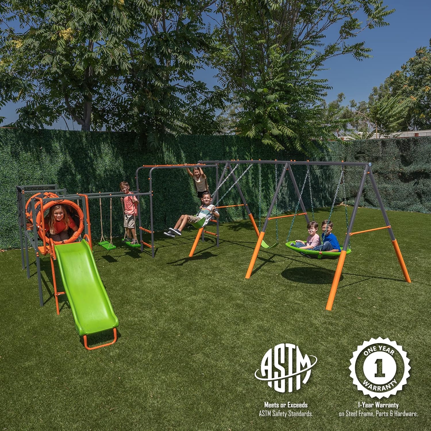 Jungle Warrior Big Cat Metal Swing Set: Adjustable Swings, 5ft Wavy Slide, Mesh Tunnel, Flying Saucer, Monkey Bars - Orange, Green and Grey - Exceeds ASTM Safety Standards
