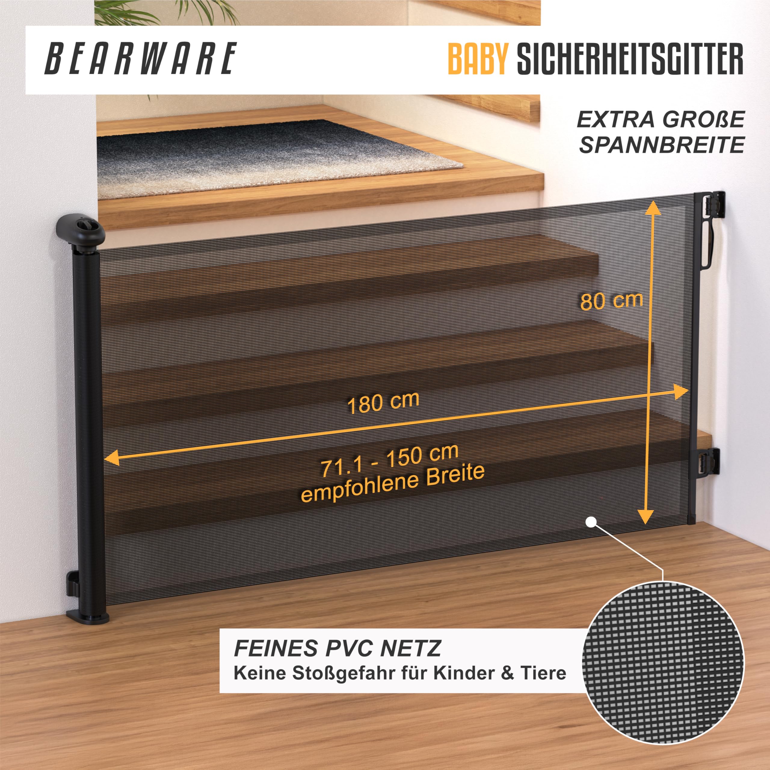 CSL - Schutzgitter Treppe Baby – Baby Schutzgitter für Treppen und Türen – bis zu 180 cm – Kindersicheres Absperrgitter – Treppenschutzgitter ausziehbar - Sicherheitsgitter Safety Gate