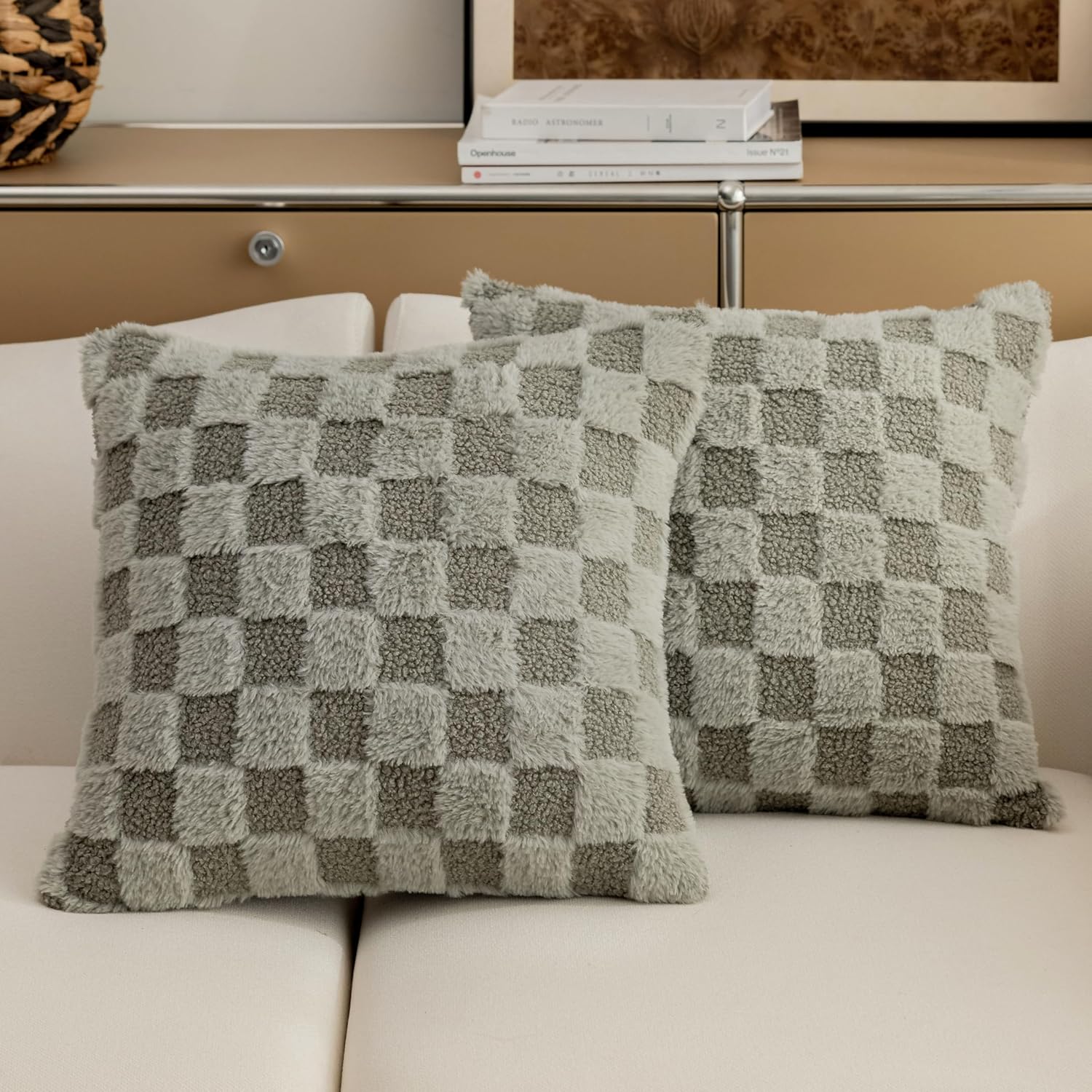 Demetex Checkered 26 x 26 Pillow Covers Grey Fluffy Plaid Euro Shams Neutral Large Square Throw Pillows for Sofa Couch Dining Room, Set of 2, 26x26 inch, Grey
