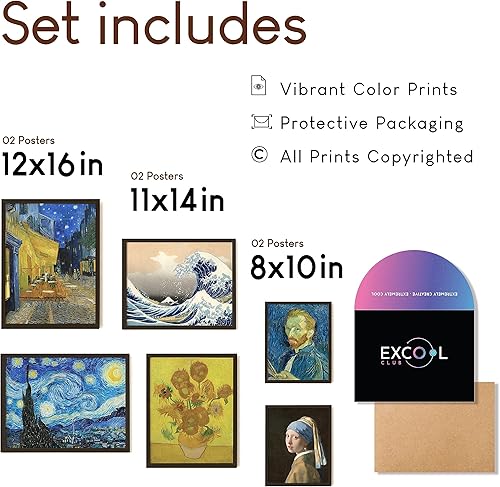 Miniatura 2 de EXCOOL CLUB Arte de pared 6 piezas de decoración ecléctica, juego de póster de Vincent Van Gogh de 12 x 16 pulgadas, impresiones de galería sin