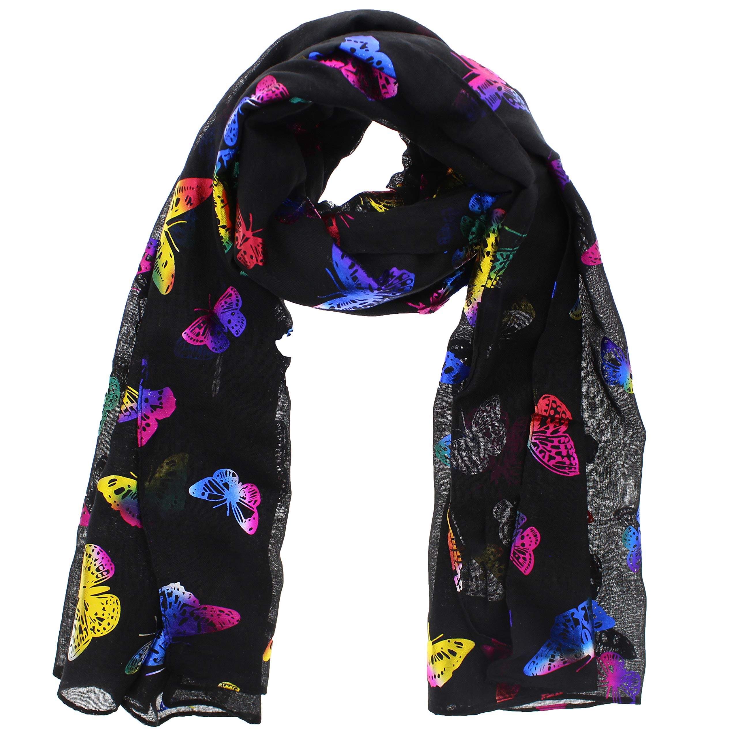 Zac's Alter Ego Women's Black Scarf With Rainbow Foil Metallic Glitter Butterfly Print