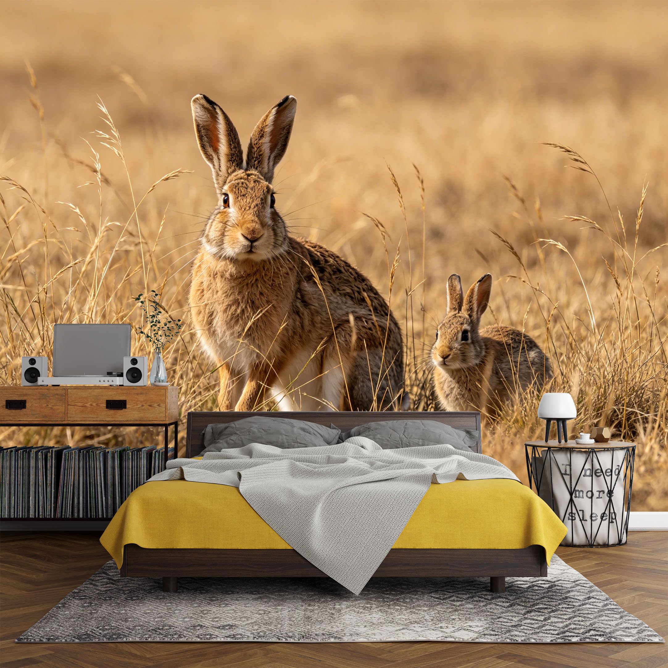 Custom Size Wall Mural， Wildlife Rabbit Family in Golden Grassland Landscape Nature Scene，SelfAdhesive Art Prints wall Fabric (No PVC) Removable Wallpaper Living Room Decor