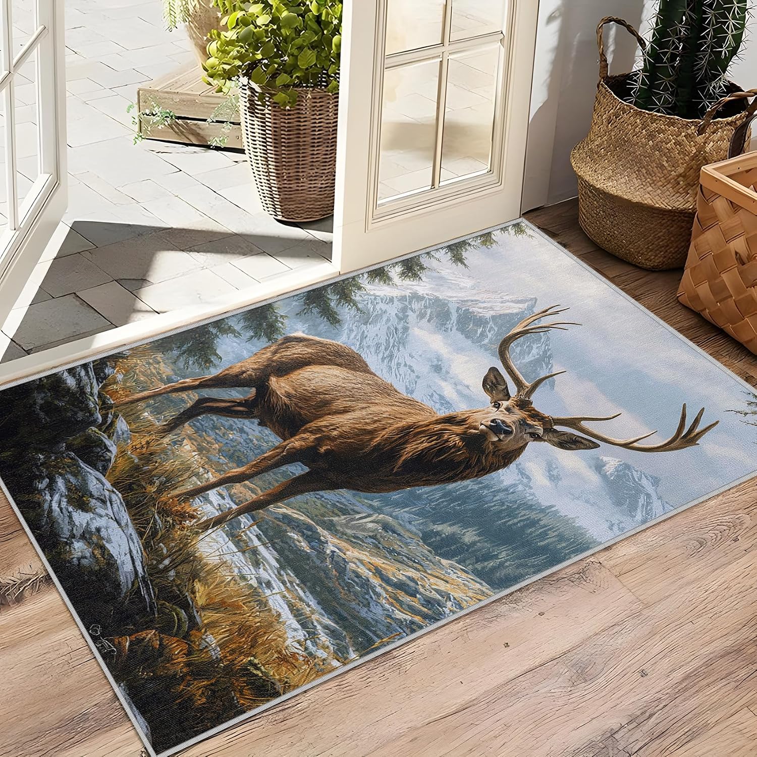 Elk Rugs for Cabin - Elk Rug, 5x7 Rug, Deer Nature Mountain Landscape Area Rug, Wildlife Animal Carpet, Washable & Non Slip & Soft Large Rugs, Elk Home Decor