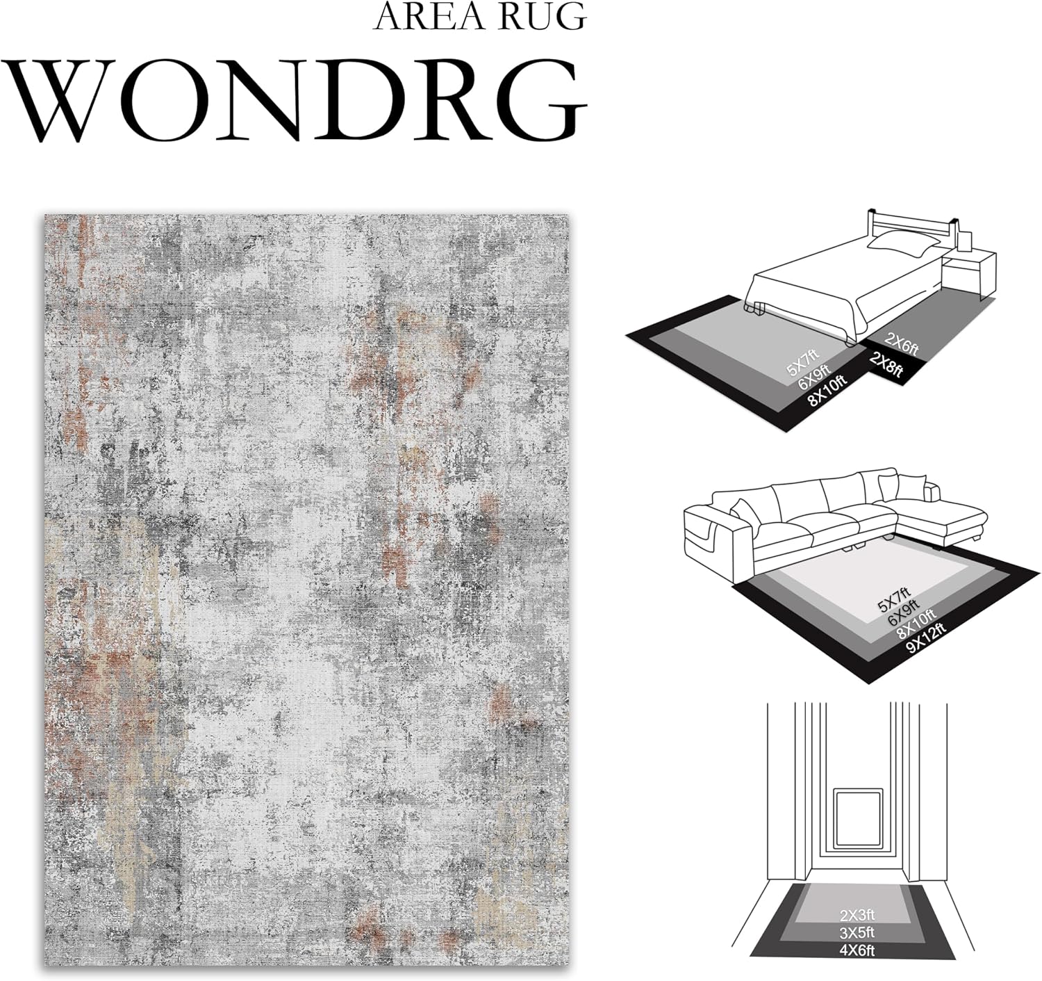 8x10 Grey Rust Abstract Washable Non-Slip Soft Low Pile Modern Area Rug