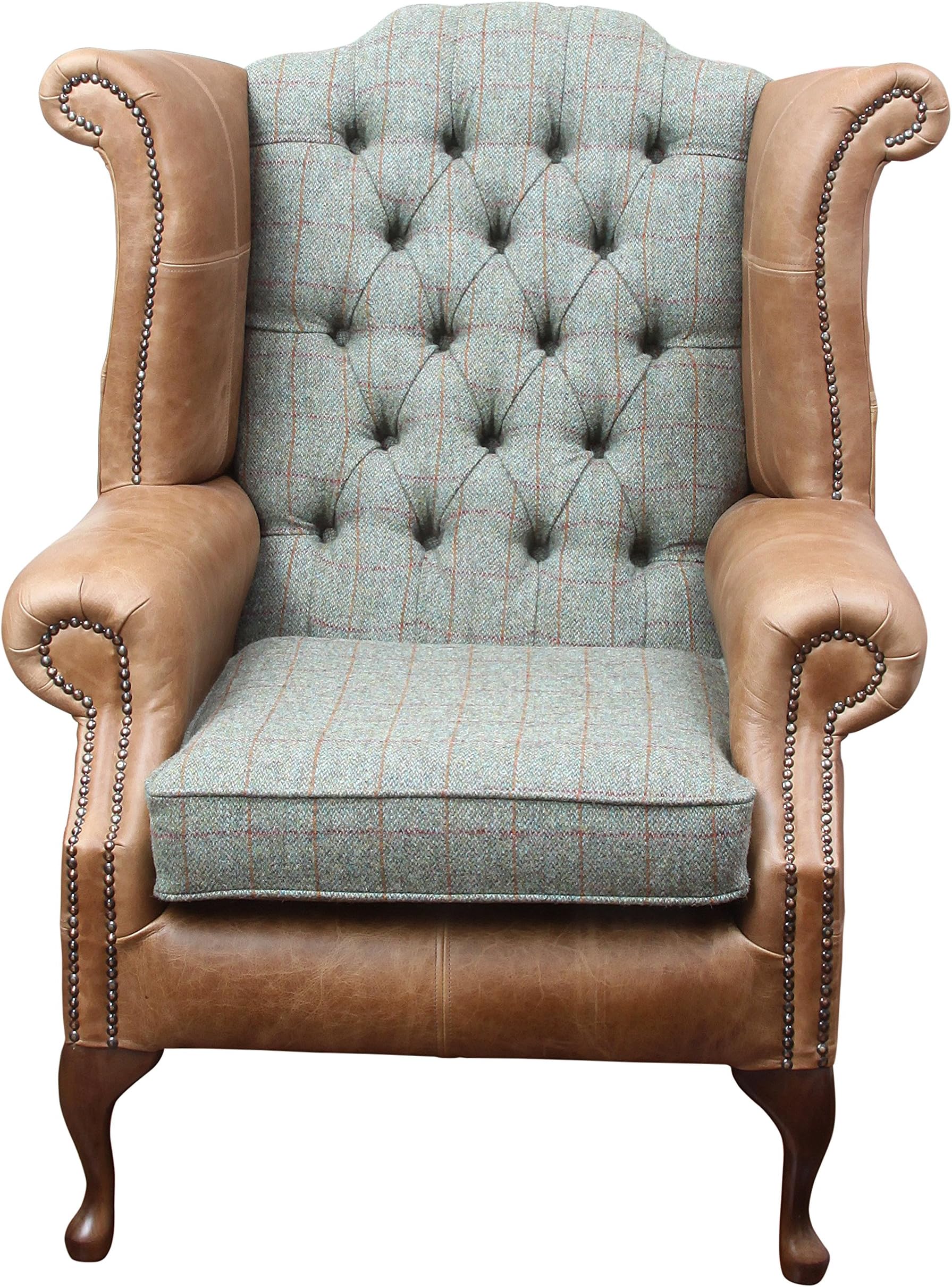 Chesterfield Queen Anne Wing Chair in Vintage Tan Leather Green Harris Tweed